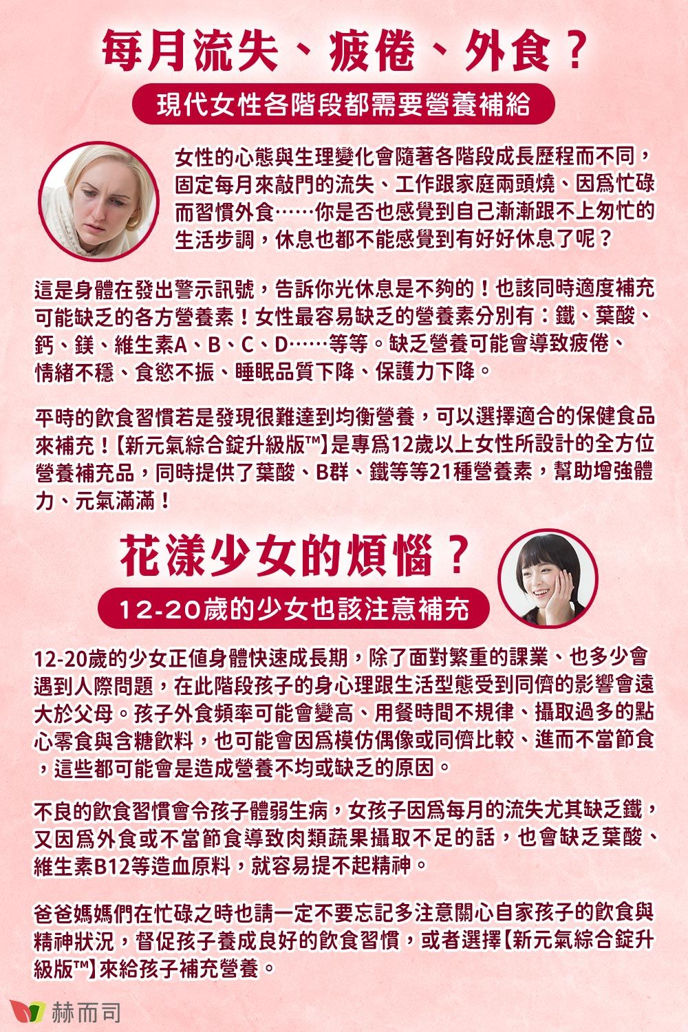 每月流失、疲倦、外食?現代女性各階段都需要營養補給女性的心態與生理變化會隨著各階段成長歷程而不同,固定每月來敲門的流失、工作跟家庭兩頭燒、忙碌而習慣外食你是否也感覺到自己漸漸跟不上匆忙的生活步調,休息也都不能感覺到有好好休息了呢?這是身體在發出警示訊號,告訴你光休息是不夠的!也該同時適度補充可能缺乏的各方營養素!女性最容易缺乏的營養素分別有:鐵、葉酸、鈣、鎂、維生素A、B、C、D……等等。缺乏營養可能會導致疲倦、情緒不穩、食慾不振、睡眠品質下降、保護力下降。平時的飲食習慣若是發現很難達到均衡營養,可以選擇適合的保健食品來補充!新元氣綜合錠升級版™】是專12歲以上女性所設計的全方位營養補充品,同時提供了葉酸、B群、鐵等等21種營養素,幫助增強體力、元氣滿滿!花漾少女的煩惱?12-20歲的少女也該注意補充12-20歲的少女正值身體快速成長期,除了面對繁重的課業、也多少會遇到人際問題,在此階段孩子的身心理跟生活型態受到同儕的影響會遠大於父母。孩子外食頻率可能會變高、用餐時間不規律、攝取過多的點心零食與含糖飲料,也可能會因爲模仿偶像或同儕比較、進而不當節食,這些都可能會是造成營養不均或缺乏的原因。不良的飲食習慣會令孩子體弱生病,女孩子因為每月的流失尤其缺乏鐵,又因為外食或不當節食導致肉類蔬果攝取不足的話,也會缺乏葉酸、維生素B12等造血原料,就容易提不起精神。爸爸媽媽們在忙碌之時也請一定不要忘記多注意關心自家孩子的飲食與精神狀況,督促孩子養成良好的飲食習慣,或者選擇【新元氣綜合錠升級版™】來給孩子補充營養。赫而司