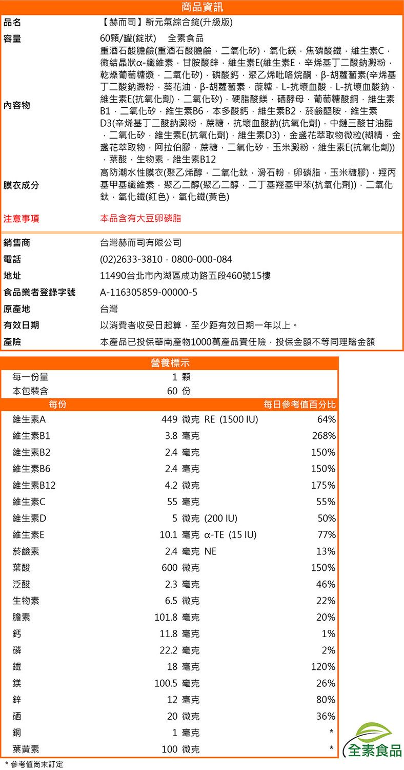商品資訊 容量內容物成分注意事項銷售商【而司】新(升級版60/(狀 全食品重酒石酸鹼(重酒石酸膽齡焦磷酸鐵微結晶狀纖維素甘酸鋅維生素E(維生素E辛烯丁二酸澱粉乾燥葡萄糖漿二氧化矽磷酸鈣聚乙烯吡咯烷酮胡蘿蔔素(辛烯基丁二酸鈉澱粉葵花油胡蘿蔔素蔗糖L-抗壞血酸L-抗壞血酸鈉維生素E(抗二氧化矽硬脂酸鎂酵母葡萄糖酸銅·維生素二氧化矽維生素B6·本多酸鈣維生素B2胺維生素D3(辛烯基丁二酸鈉澱粉蔗糖抗壞血酸鈉(抗氧化劑)三酸甘油酯·二氧化矽維生素E(抗氧化劑)維生素D3)萃取物微粒(糊精花萃取物·阿拉伯膠·蔗糖·二氧化矽玉米澱粉維生素E(抗氧化劑))-葉酸素維生素B12高防潮水性膜衣(聚乙烯醇二氧化鈦滑石粉卵磷脂玉米糖膠)丙基甲基纖維素聚乙二醇(聚乙二醇二丁基甲苯(抗氧化劑))二氧化、(紅色)(黃色)本品含有大豆卵磷脂台灣而司有限公司(02) 2633-3810 0800-000-08411490台北市內湖區成功路五段460號樓電話地址食品業者登錄字號原產地台灣A-116305859-00000-5有效日期產險每一份量以消費者收受日起算,至少距有效日期一年以上。本產品已投保1000萬產品責任險,投保金額不理賠金額營養標示1 顆60 15本包裝含每份每日參考值百分比維生素A449 微克 RE (1500 )64%維生素B13.8 毫克268%維生素B22.4 毫克150%維生素B62.4 毫克150%維生素B124.2 微克175%維生素C55 毫克55%維生素D5 微克 (200IU)50%維生素E10.1毫克 -TE (15 IU)77%菸鹼素2.4 毫克 NE13%葉酸600 微克150%泛酸2.3 毫克46%生物素6.5 微克22%膽素101.8 毫克20%鈣11.8 毫克1%磷22.2 毫克2%18 毫克120%100.5 毫克26%12 毫克80%硒20 微克36%1 毫克葉黃素100 微克(全素食品)參考值訂定