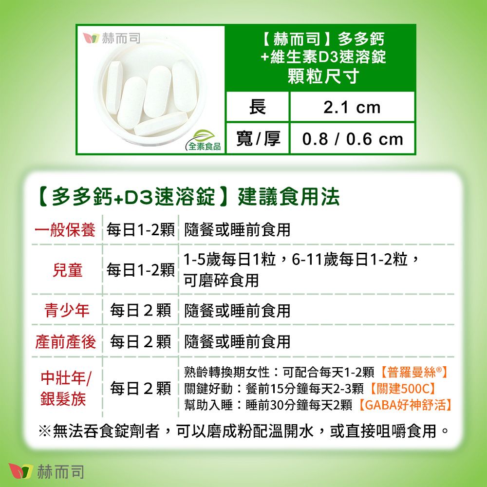 赫而司赫而司多多鈣+維生素D3速溶錠顆粒尺寸長2.1 cm寬/厚 0.8 / 0.6 cm(全素食品多多鈣+D3速溶錠】建議食用法一般保養 每日1-2顆 隨餐或睡前食用兒童 每日1-2顆1-5歲每日1粒,6-11歲每日1-2粒,可磨碎食用青少年每日2顆隨餐或睡前食用產前產後每日2顆 隨餐或睡前食用中壯年/熟齡轉換期女性可配合每天1-2顆【普羅曼絲 ®】每日2顆關鍵好動餐前15分鐘每天2-3顆【關建500C】幫助入睡:睡前30分鐘每天2顆【GABA好神舒活】※無法吞食錠劑者,可以磨成粉配溫開水,或直接咀嚼食用。赫而司