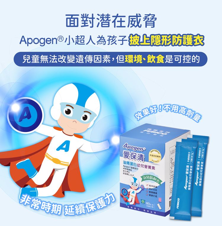 面對潛在威脅 ® 小超人為孩子防護衣兒童無法改變遺傳因素,但環境、飲食是可控的AAApogen保幼兒Apogen 精「非常時期 延續保護FEBICOApogen 保清  精蛋白幼兒 Apogen* 愛保  藻精蛋白幼兒營養素