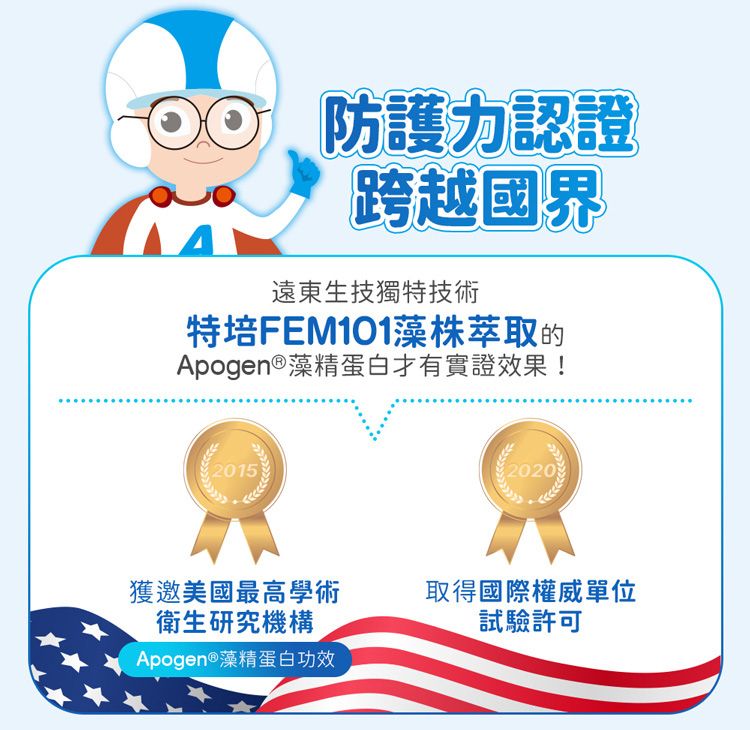 防護力認證跨越國界遠東生技獨特技術特培FEM101藻株萃取的Apogen ®藻精蛋白才有實證效果!20152020獲邀美國最高學術衛生研究機構取得國際權威單位試驗許可Apogen ®藻精蛋白功效