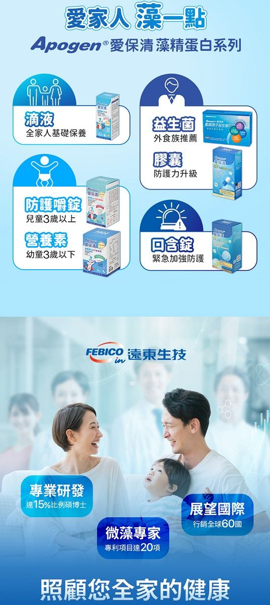 愛家人 藻一點Apogen®愛保清藻精蛋白系列滴液全家人基礎保養防護嚼錠兒童3歲以上營養素益生菌外食族推薦膠囊防護力升級幼童3歲以下緊急加強防護FEBICO 遠東生技in專業研發達15%比例碩博士展望國際行銷全球60國微藻專家專利項目達20項照顧您全家的健康