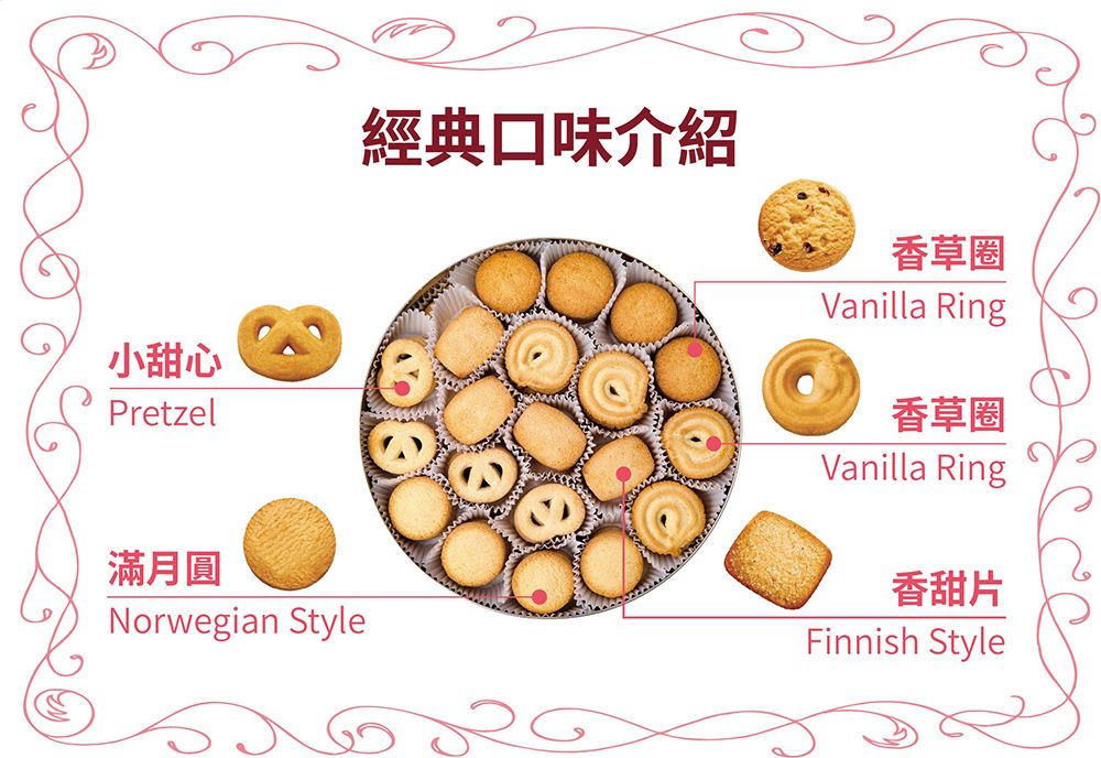 小甜心Pretzel經典口味介紹香草圈Vanilla Ring香草圈Vanilla Ring香甜片Finnish Style滿月圓Norwegian Style