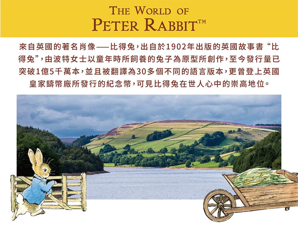 THE WORLD OFPETER RABBITTM來自英國的著名肖像比得兔,出自於1902年出版的英國故事書“比得兔”,由波特女士以童年時所飼養的兔子為原型所創作,至今發行量已突破1億5千萬本,並且被翻譯為30多個不同的語言版本,更曾登上英國皇家鑄幣廠所發行的紀念幣,可見比得兔在世人心中的崇高地位。