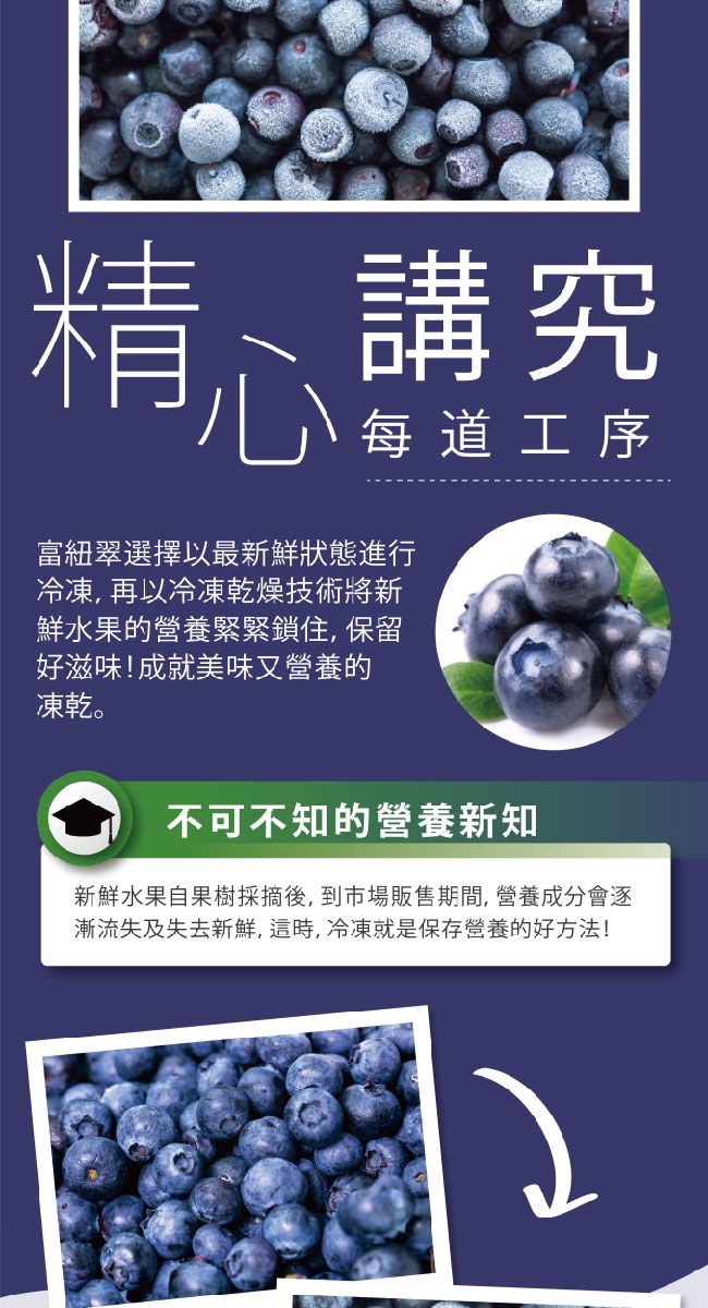 講究每道工序富紐翠選擇以最新鮮狀態進行冷凍,再以冷凍乾燥技術將新鮮水果的營養緊緊鎖住,保留好滋味!成就美味又營養的凍乾。不可不知的營養新知新鮮水果自果樹採摘後,到市場販售期間,營養成分會逐漸流失及失去新鮮,這時,冷凍就是保存營養的好方法!