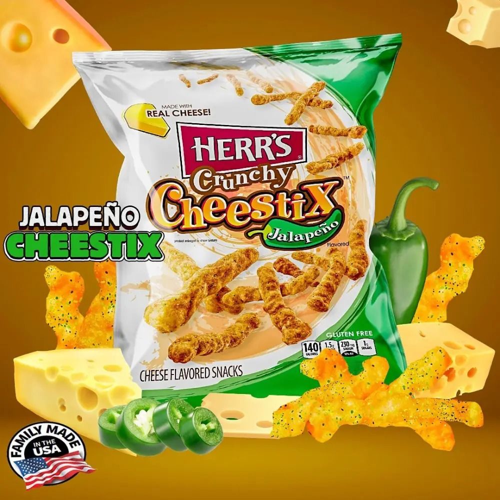 MADE WITHREAL CHEESE!JALAPEÑOCHEESTIXHERRSCheestix  JalapeñoFlavoredAMILYMADEIN THEUSACHEESE FLAVORED SNACKSGLUTEN FREE140 230