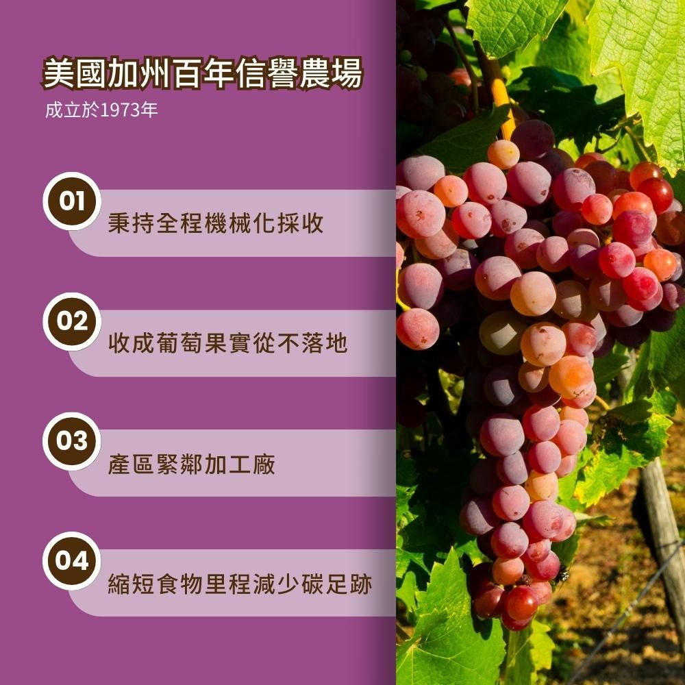 美國加州百年信譽農場成立於1973年01秉持全程機械化採收02收成葡萄果實從不落地03產區緊鄰加工廠04縮短食物里程減少碳足跡