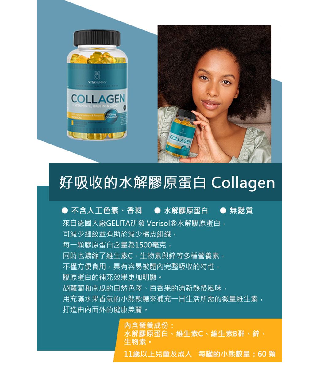 VITAMIN C  & COLLAGENCOLLAGEN好吸收的水解膠原蛋白 Collagen不含人工色素、香料水解膠原蛋白無麩質來自德國大廠GELITA研發 Verisol®水解膠原蛋白,可減少細紋並有助於減少橘皮組織,每一顆膠原蛋白含量為1500毫克,同時也濃縮了維生素C、生物素與鋅等多種營養素,不僅方便食用,具有容易被體完整吸收的特性,膠原蛋白的補充效果更加明顯。胡蘿蔔和南瓜的自然色澤、百香果的清新熱帶風味,用充滿水果香氣的小熊軟糖來補充一日生活所需的微量維生素,打造由內而外的健康美麗。營養成份:水解膠原蛋白、維生素C、維生素B群、鋅、生物素。11歲以上兒童及成人每罐的小熊數量:60顆