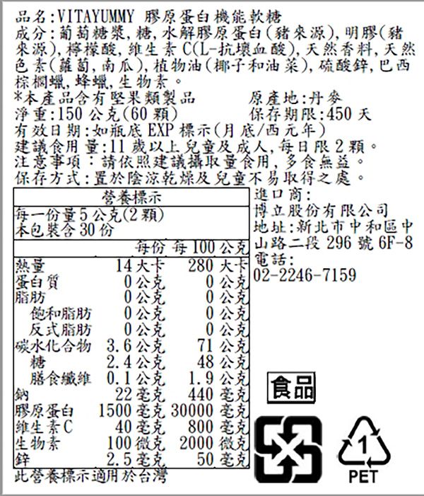 品名:VITAYUMMY 膠原蛋白機能軟糖成分:葡萄糖漿糖水解膠原蛋白(豬來源),明膠(豬來源),檸檬酸,維生素C(L-抗壞血酸),天然香料, 天然色素(蘿蔔, 南瓜),植物油(椰子和油菜),硫酸鋅,巴西棕櫚蠟, 蜂蠟, 生物素。*本產品含有堅果類製品淨重:150公克(60)原產地:丹麥保存期限:450天有效日期:如瓶底EXP標示(月底/西元年)建議食用量:11歲以上兒童及成人,每日限2。注意事項:請依照建議攝取量食用,多食無益。保存方式:置於陰涼乾燥及兒童不易取得之處。營養標示進口商:每一份量5公克(2顆)本包裝含3份博立股份有限公司地址:新北市中和區中熱量14大卡280大卡每份 每100公克 山路二段296號6F-8電話:02-2246-7159蛋白質0公克脂肪0公克0公克飽和脂肪0公克0公克反式脂肪0公克公克碳水化合物3.6公克71公克糖2.4公克48公克膳食0.1公克1.9公克鈉22毫克 440毫克食品膠原蛋白1500毫克 30000毫克維生素C40毫克 800毫克生物素鋅2.5毫克此營養標示適用於台灣50毫克100微克 2000微克PET