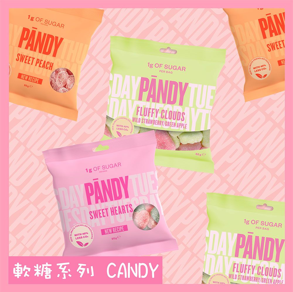 OF SUGARDYTHUSWEET PEACHW RECIPE OF SUGARPER BAG PANDY TUEDAY FLUFFY CLOUDS WILD STRAWBERRY/GREEN APPLEWITH  DAY PANWITH 40 COSWEETNE1g OF SUGARDAY PANDY WITH 40%LESS COSWEET HEARTSNEW RECIPE ePA軟糖系列 CANDY1g OF SUGARPER BAGDAY PANDYWITH 40%FLUFFY CLOUDSWILD STRAWBERRY/GREEN APPLE