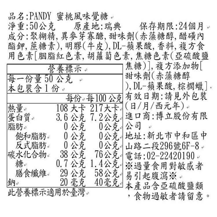 品名:ANDY 蜜桃風味覺糖 淨重:50公克 原產地:瑞典 保存期限:24個月成分:聚糊精, 異麥芽,甜味劑(赤藻糖醇,醋磺內酯鉀,蔗糖素),明膠(牛皮),DL-蘋果酸,香料,複方食用色素[胭脂紅色素,胡蘿蔔色素,焦糖色素(亞硫酸鹽焦糖)],複方添加物[營養標示 P每一份量50公克本包裝含1份熱量。蛋白質。脂肪飽和脂肪甜味劑(赤藻糖醇),DL-蘋果酸,棕櫚蠟]每份 每100公克有效日期:請見外包裝108 大卡 217大卡(日/月/西元年)3.6公克 7.2公克進口商:博立股份有限0公克0公克公司0公克0公克 地址:新北市中和區中反式脂肪 0公克0公克山路二段296號6F-8碳水化合物38公克 76公克 電話:02-224201900.7公克1.4公克過量食用對敏感者鈉糖。膳食纖維 29公克 58公克 易引起腹瀉※20毫克 40毫克 本產品含亞硫酸鹽類食物過敏者請留意。此營養標示適用於臺灣。