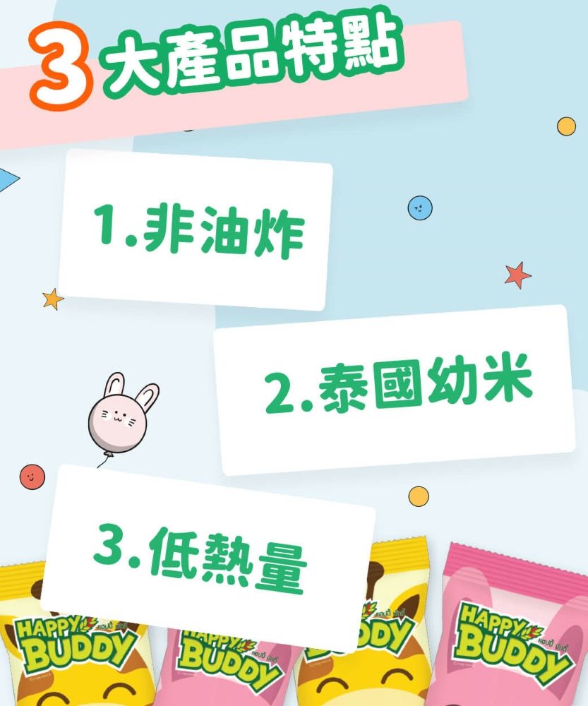 3大產品特點1.非油炸HAPPY2.泰國幼米3.低熱量 BUDDYHAPPY DY BUDDY