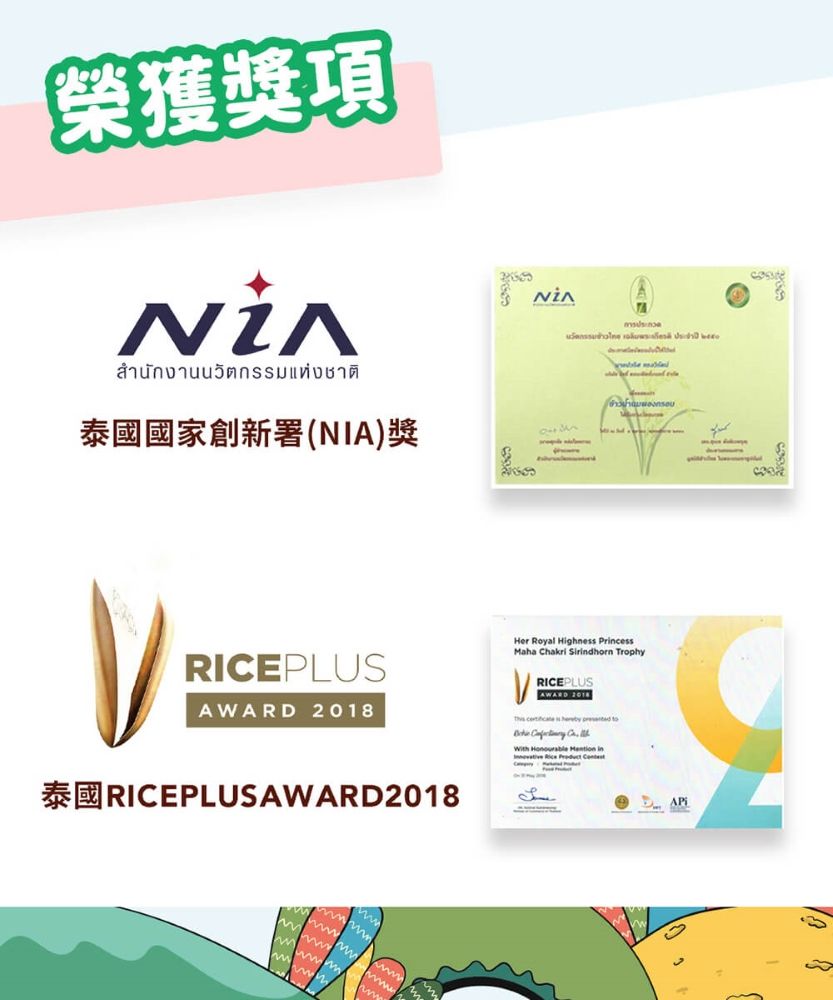 榮獲獎項นักงานนวัตกรรมแห่งชาติ泰國國家創新署(NIA)獎   RICEPLUSAWARD Her Royal Highness PrincessMaha Chakri Sirindhorn TrophyRICEPLUSAWARD 2018        Mention in   RICEPLUSAWARD2018