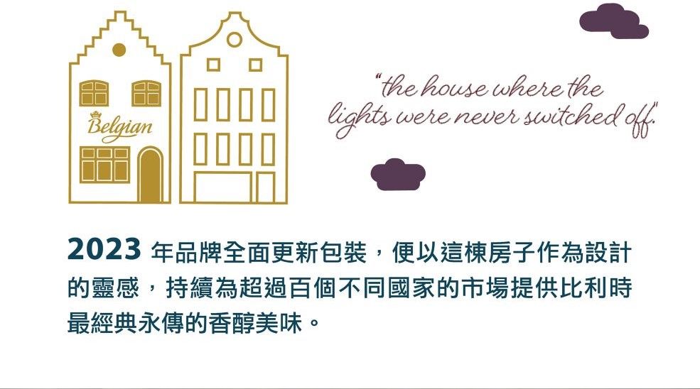 the house where theBelgian were never switched off2023 年品牌全面更新包裝,便以這棟房子作為設計的靈感,持續為超過百個不同國家的市場提供比利時最經典永傳的香醇美味。