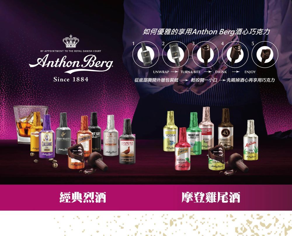 BY APPOINTMENT TO THE ROYAL DANISH COURTAnthon BergSince 88如何優雅的享用Anthon Berg酒心巧克力2UNWRAP TURN & BITE  DRINKENJOY從底部撕開外層包裝紙 輕咬開一小口先喝掉酒心再享用巧克力1NT REMY  MOUNT GAYMULEESPRESSO 4  VODKA經典烈酒摩登雞尾酒