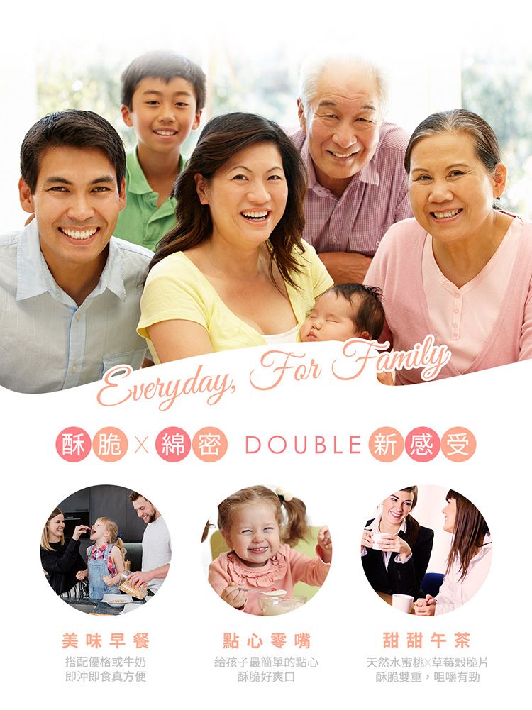 Everyday For 酥脆 DOUBLE 新感受美味早餐搭配優格或牛奶即沖即食真方便點心零嘴給孩子最簡單的點心酥脆好爽口甜甜午茶天然水蜜桃 草莓脆片酥脆雙重,咀嚼有勁