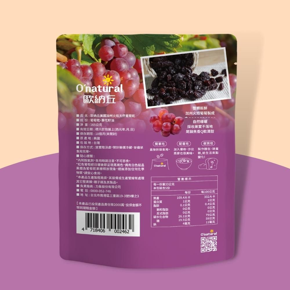 Onatural歐納丘品名歐納丘美國加州火焰天然葡萄乾成份:葡萄乾葵花籽油淨重:165公克 有效日期:標示於上(西元年月日)保存期限:18個月(未開封)原產地:美國包裝地:台灣整顆新鮮加州火焰葡萄製成自然曝曬採收果實不落地尾韻焦香Q軟清甜簡單吃配著吃做烘培 保存方式:放置陰涼處開封後請冷藏並儘早食用完畢 貼心提醒:直接拆袋食用。 加入優格、沙拉燕麥也很美味。製作麵包、磅蛋糕給生活變化!脫氧劑,食用時請注意,不可吞食。*紅色葡萄經後即呈現黑褐色,偶有白色果霜為葡萄乾果糖釋放現象,絕無添加任何物質,請安心食用。Onatural地址:台北市南港區三重路19-3號9樓之3*本產品生產製程廠房,其設備或生產管線有處理其它堅果類、種子類及其製品。 負責廠商:力象股份有限公司電話:800-052-746營養標示:每一份量33公克本包裝含5份每份【本產品已投保產品責任險2000萬,投保金額不等同金額熱量蛋白質脂肪109.4大卡每100公克332大卡1公克3公克0.1公克0.4公克飽和脂肪反式脂肪0公克0公克0公克0公克碳水化合物26.1公克79公克糖19.5公克59公克鈉4毫克11毫克4 718406 002462Onatural