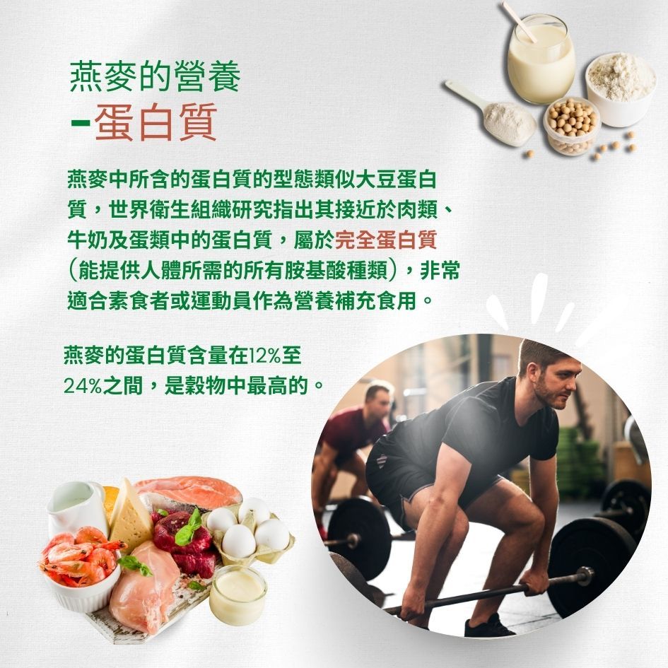 燕麥的營養-蛋白質燕麥中所含的蛋白質的型態類似大豆蛋白質,世界衛生組織研究指出其接近於肉類、牛奶及蛋類中的蛋白質,屬於完全蛋白質(能提供人體所需的所有胺基酸種類),非常適合素食者或運動員作為營養補充食用。燕麥的蛋白質含量在12%至24%之間,是穀物中最高的。