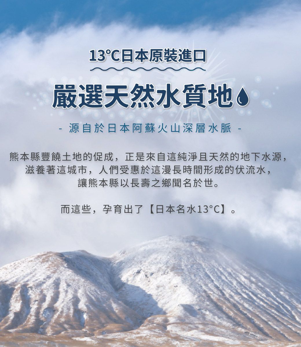 13日本原裝進口嚴選天然水質地源自於日本阿蘇火山深層水脈-熊本縣豐饒土地的促成,正是來自這純淨且天然的地下水源,滋養著這城市,人們受惠於這漫長時間形成的伏流水,讓熊本縣以長壽之鄉聞名於世。而這些,孕育出了【日本名水13】。