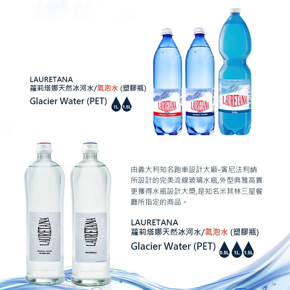 蘿莉塔娜天然冰河水/氣泡水(塑膠瓶)Glacier Water (PET)MINEAL WATER 1L 1.5LLAURETANALAURETANALAURETANASTILL  R由義大利知名跑車設計大廠-賓尼法利納所設計的完美流線玻璃水瓶,外型典雅高貴更獲得水瓶設計大獎,是知名米其林三星餐廳所指定的商品。LAURETANA蘿莉塔娜天然冰河水/氣泡水 (塑膠瓶)Glacier Water (PET) 0.5L 1L 1.5L