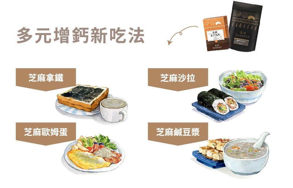 多元增鈣新吃法芝麻拿鐵芝麻歐姆蛋芝麻沙拉芝麻鹹豆漿SESAOLE