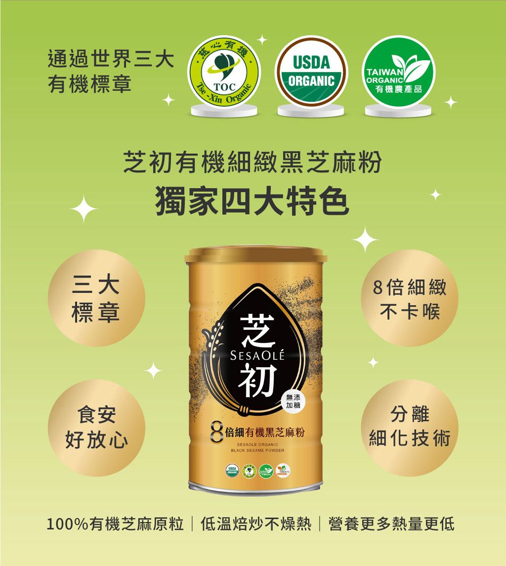 通過世界三大有機標章心有TOC.-XinOrganicUSDATAIWANORGANICORGANIC有機農產品三大標章有機細緻黑芝麻粉獨家四大特色SESAOLÉ芝初倍細緻不卡喉無添加糖食安分離好放心8倍細有機黑芝麻粉細化技術SESAOLE ORGANICBLACK SESAME POWDER100%有機芝麻原粒低溫焙炒不燥熱|營養更多熱量更低
