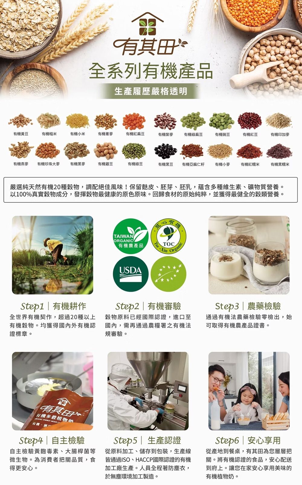 其田全系列有機產品生產履歷嚴格透明有機黃豆有機糙米有機小米有機蕎有機紅扁豆有機麥有機綠扁豆有機豌豆有機紅豆有機印加麥有機燕麥 有機珍珠大麥有機黑麥有機雞豆有機綠豆有機黑豆 有機亞麻仁籽有機小麥有機紅糯米有機黑糯米嚴選純天然有機20種物調配絕佳風味!保留麩皮、胚芽、胚乳,蘊含多種維生素、礦物質營養。以100%真實穀物成分,發揮穀物最健康的原色原味。回歸食材的原始純粹,並獲得最健全的穀類營養。TAIWANOR有機農產品有TO USDAStep1  有機耕作Step2  有機審驗Step3農藥檢驗全世界有機契作,超過20種以上有機穀物。均獲得國內外有機認證標章。穀物原料已經國際認證,進口至國內,需再通過農糧署之有機法規審驗。通過有機法農藥檢驗零檢出,始可取得有機農產品證書。有其田「有機多穀植物奶GANIC   C有機Step4  自主檢驗自主檢驗黃麴毒素、大腸桿菌等微生物。為消費者把關品質,食得更安心。Step5|生產認證從原料加工、儲存到包裝,生產線皆通過ISO、HACCP國際認證的有機加工廠生產。人員全程著防塵衣,於無塵環境加工製造。Step6 | 安心享用從產地到餐桌,有其田為您層層把關。將有機認證的食品,安心配送到府上。讓您在家安心享用美味的有機植物奶。