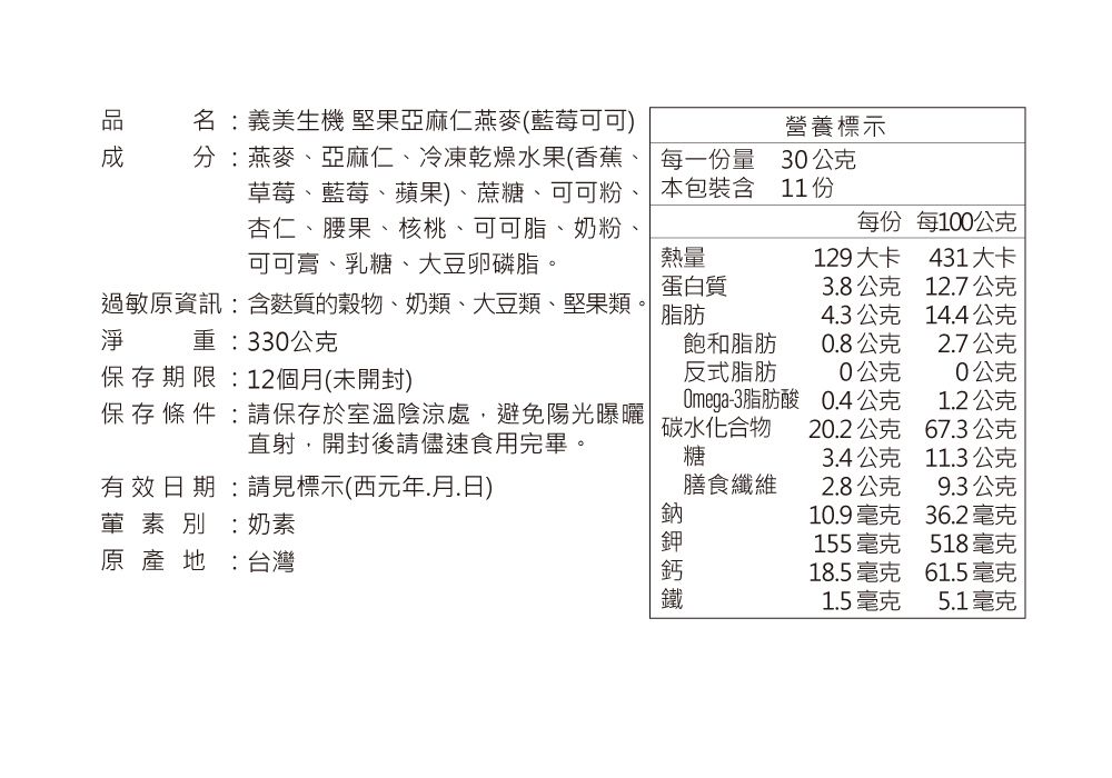 品 名義美生機 堅果亞麻仁燕麥(藍莓可可)營養標示 分:燕麥、亞麻仁、冷凍乾燥水果(香蕉、 每一份量草莓、藍莓、蘋果)、蔗糖、可可粉 本包裝含杏仁、腰果、核桃、可可脂、奶粉、可可膏、乳糖、大豆卵磷脂。30公克11份每份每100公克熱量129 大卡431大卡蛋白質38公克127公克過敏原資訊:含麩質的、奶類、大豆類、堅果類。淨 重:330公克脂肪4.3公克14.4公克飽和脂肪0.8公克2.7公克保存期限:12個月(未開封)反式脂肪0公克0公克Omega-3脂肪酸0.4公克1.2公克保存條件:請保存於室溫陰涼處,避免陽光曝曬|碳水化合物20.2公克67.3公克直射,開封後請儘速食用完畢。糖3.4公克11.3公克有效日期:請見標示(西元年.月.日)膳食纖維2.8公克9.3公克葷素別 :奶素原產地:台灣10.9毫克36.2毫克155 毫克518 毫克18.5 毫克61.5毫克1.5毫克5.1毫克