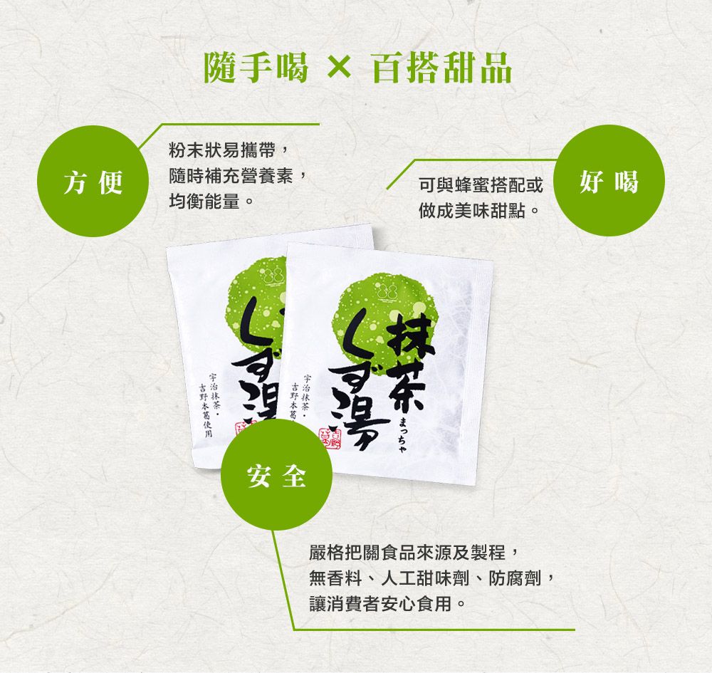 隨手  百搭甜品粉末狀易攜帶,方便隨時補充營養素,均衡能量。可與蜂蜜搭配或做成美甜點。好喝味まっちゃ安全嚴格把關食品來源及製程,無香料、人工甜味劑、防腐劑,讓消費者安心食用。