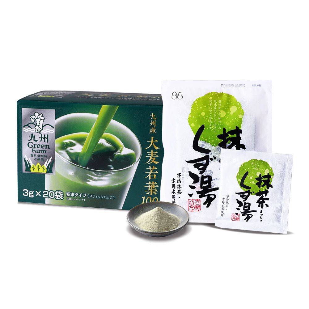 盛花園 日本原裝大麥若葉青汁20入+抹茶葛粉 4入養生組(大麥青汁3g/入、抹茶葛粉23g/入)