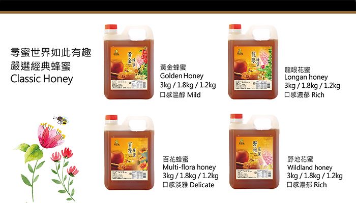 尋蜜世界如此有趣嚴選經典蜂蜜Classic Honey黃金蜂蜜Golden Honey3kg / 1.8kg / 1.2kg口感溫醇 Mild龍眼花蜜Longan honey3kg/1.8kg/1.2kg口感濃郁 Rich百花蜂蜜Multi-flora honey3kg/1.8kg/1.2kg口感淡雅 Delicate野地花蜜Wildland honey3kg/1.8kg/1.2kg口感濃郁 Rich