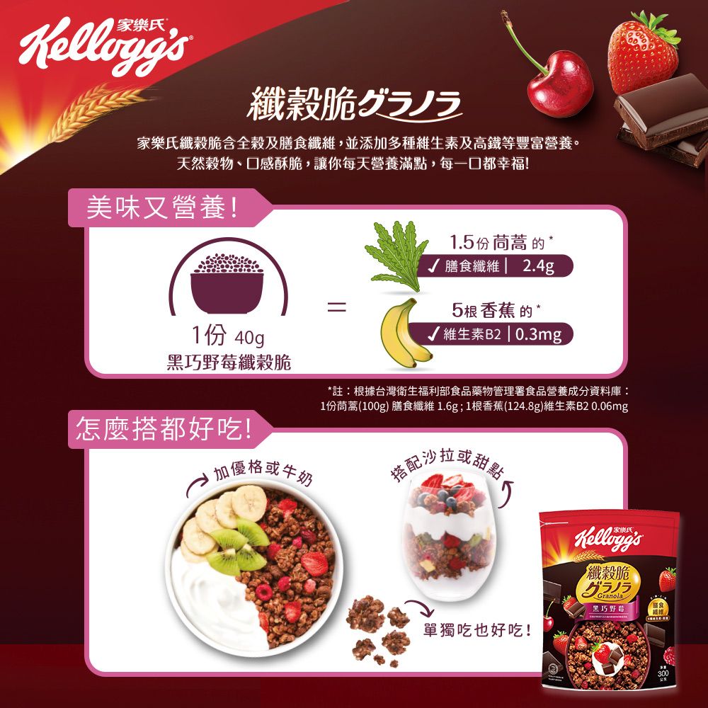 家樂氏纖脆含全及膳食纖維,並添加多種維生素及高等豐富營養。天然物、口感酥脆,讓你每天營養滿點,每一口都幸福!美味又營養!1.5份茼蒿 的 √ 膳食纖維 2.4g5根香蕉 的 *維生素B2 | 0.3mg1份 40g巧莓纖穀脆*註:根據台灣衛生福利部食品藥物管理署食品營養成分資料庫:1份茼蒿(100g) 膳食纖維 1.6g; 1根香蕉(124.8g)維生素B2 0.06mg怎麼搭都好吃!→加優格或牛奶拉或甜黑甜點搭配沙夫纖穀脆グラノラGranola黑巧野單獨吃也好吃!