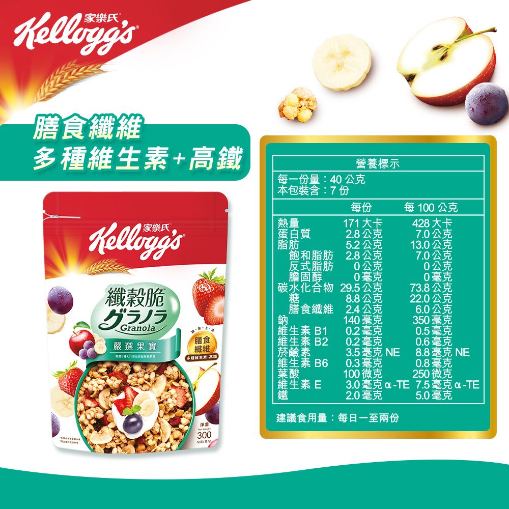 膳食纖維+高營養標示每一份量:40 公克本包裝含:7份每份每100公克熱量171大卡428大卡蛋白質2.8公克7.0公克脂肪5.2公克13.0公克飽和脂肪2.8公克7.0公克反式脂肪0公克0公克膽固醇00毫克纖脆 グラノラGrnola碳水化合物29.5公克73.8公克糖8.8公克22.0公克膳食纖維2.4公克6.0公克鈉 140毫克350毫克維生素B10.2毫克0.5毫克嚴選果實維生素B20.2毫克0.6毫克菸鹼素3.5毫克 NE8.8毫克 NE多種維生素高鐵維生素B60.3毫克0.8毫克葉酸100微克250微克維生素E3.0毫克 a7.5毫克 TE2.0毫克5.0毫克淨重300建議食用量:每日一至兩份
