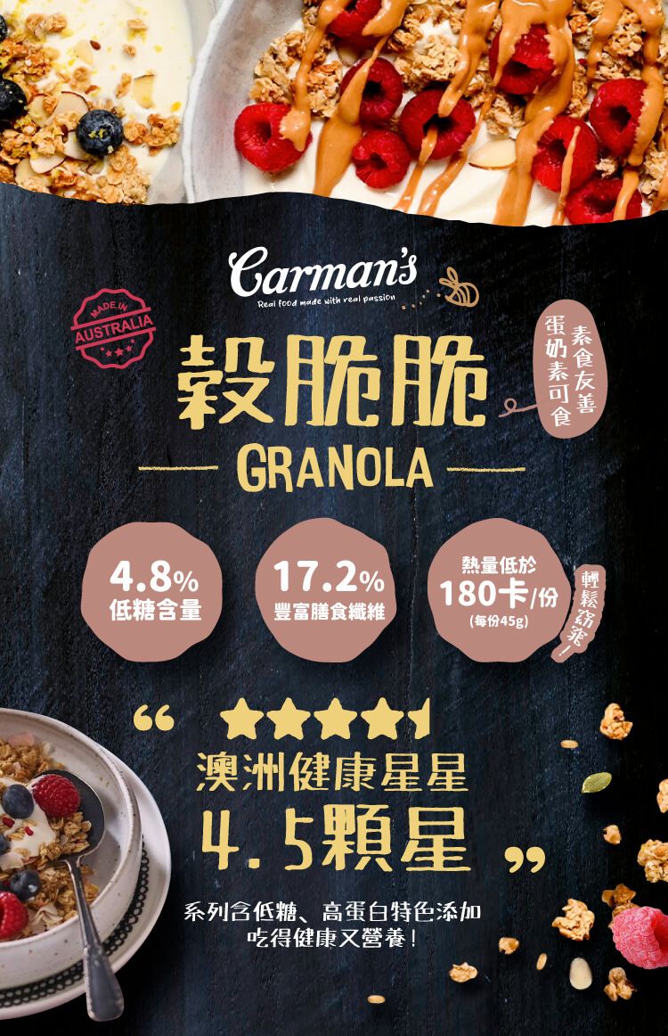 AUSTRALIACarmansReal food made with real passion脆脆4.8%GRANOLA17.2%低糖含量豐富膳食纖維熱量低於180卡/份(每份45g)輕66澳洲健康星星4.5顆星系列含低糖、高蛋白特色添加吃得健康又營養!