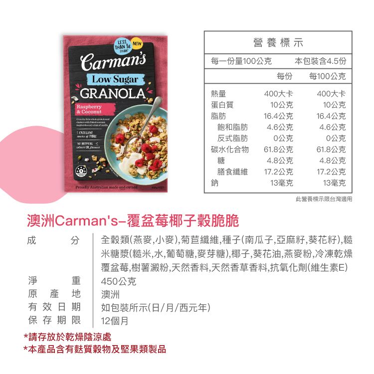 LESSTAN 3g CarmansLow Sugar營養標示每一份量100公克本包裝含4.5份每份每100公克GRANOLA 熱量400大卡400大卡Raspberry& Coconut蛋白質10公克10公克脂肪16.4公克16.4公克飽和脂肪4.6公克4.6公克H反式脂肪0公克0公克碳水化合物61.8公克61.8公克糖4.8公克4.8公克膳食纖維17.2公克17.2公克鈉13毫克13毫克   and owned此營養標示限台灣適用澳洲Carmans-覆盆莓椰子脆脆 全穀類(燕麥小麥),菊苣纖維,種子(南瓜子,亞麻籽,葵花籽),糙米糖漿(糙米,水,葡萄糖,麥芽糖),椰子,葵花油,燕麥粉,冷凍乾燥覆盆莓,樹薯澱粉,天然香料,天然香草香料,抗氧化劑(維生素E)450公克重原產地澳洲有效日期如包裝所示(日/月/西元年)保存期限 12個月*請存放於乾燥陰涼處*本產品含有麩質穀物及堅果類製品