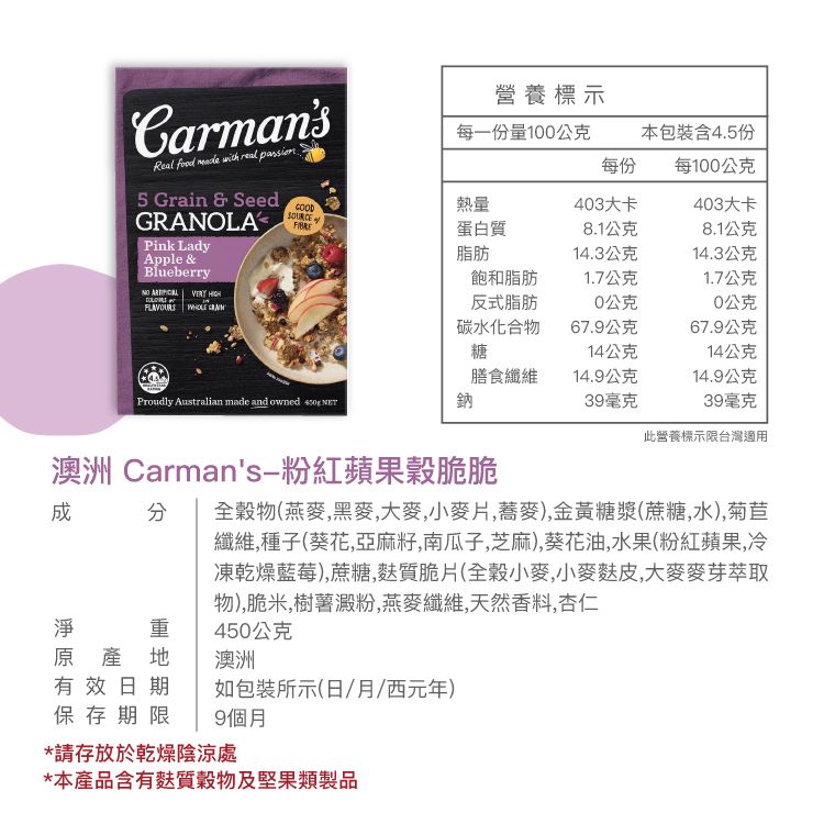 營養標示CarmansReal    real passionS Grain & SeedGRALAK每一份量100公克本包裝含4.5份每份每100公克熱量蛋白質403大卡8.1公克403大卡8.1公克Pink Lady脂肪14.3公克14.3公克Apple &BlueberryNO   飽和脂肪1.7公克1.7公克  反式脂肪0公克0公克碳水化合物67.9公克67.9公克糖14公克14公克膳食纖維14.9公克14.9公克Proudly Australian made and owned  鈉39毫克39毫克此營養標示限台灣適用澳洲 Carmans-粉紅蘋果穀脆脆全穀物(燕麥,黑麥,大麥,小麥片,蕎麥),金黃糖漿(蔗糖,水),菊苣纖維,種子(葵花,亞麻籽,南瓜子,芝麻),葵花油,水果(粉紅蘋果,冷凍乾燥藍莓),蔗糖,質脆片(全穀小麥,小麥皮,大麥麥芽萃取物),脆米,樹薯澱粉,燕麥纖維,天然香料,杏仁重450公克原產地澳洲有效日期如包裝所示(日/月/西元年)保存期限 9個月*請存放於乾燥陰涼處*本產品含有麩質穀物及堅果類製品