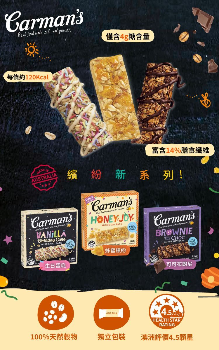 Carmans     passion每條約20Kcal僅含4g糖含量MADE INAUSTRALIA富含14%膳食纖維繽紛新系列!Carmans     VANILLABirthday CakeAUSSIE OAT 生日蛋糕CarmansReal  made with  HONEYJOYAUSSIE OAT 蜂蜜繽紛LESS  CarmansReal    BROWNIEWITH ChocAUSSIE OAT BARS 1BARSONE PICK可可布朗尼4.5HEALTH STARRATING100%天然穀物獨立包裝澳洲評價4.5顆星