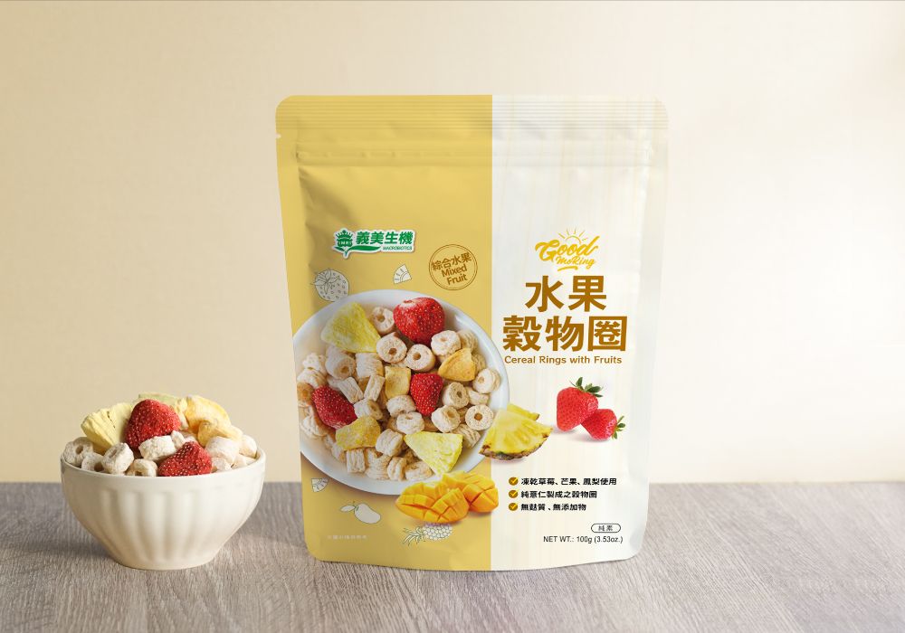 義美生機/綜合水果MixedFruit水果穀物Cereal Rings with Fruits 凍乾草莓、芒果、鳳梨使用 仁製成之穀物圈、無添加物NET WT 100g (353oz.)