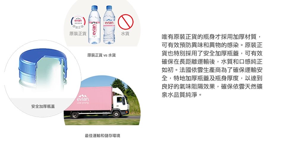 原裝正安全加厚瓶蓋evian evian原裝正貨 vs 水货最佳運輸和儲存環境唯有原裝正貨的瓶身才採用加厚材質,可有效預防異味和異物的感染。原裝正貨也特別採用了安全加厚瓶蓋,可有效確保在長距離運輸後,水質和口感純正如初。法國依雲生產商為了確保運輸安全,特地加厚瓶蓋及瓶身厚度,以達到良好的氣味阻隔效果,確保依雲天然礦泉水品質純淨。