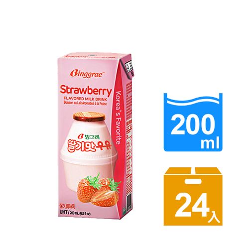 包裝轉換中，新舊包裝隨機出貨【韓味不二】草莓牛奶 (200ml*24入)Binggrae