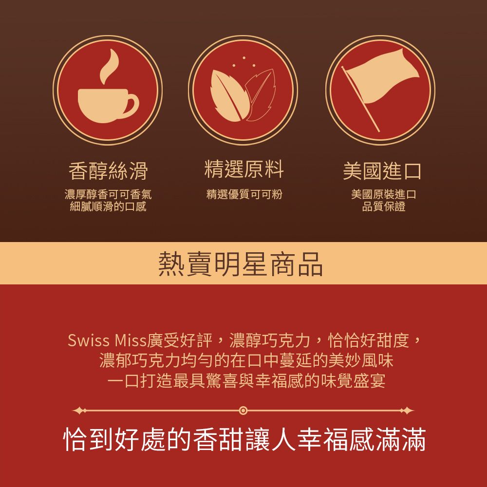 香醇絲滑精選原料美國進口濃厚醇香可可香氣細膩順滑的口感精選優質可可粉美國原裝進口品質保證熱賣明星商品Swiss Miss廣受好評,濃醇巧克力,恰恰好甜度,濃郁巧克力均勻的在口中蔓延的美妙風味一口打造最具驚喜與幸福感的味覺盛宴恰到好處的香甜讓人幸福感滿滿