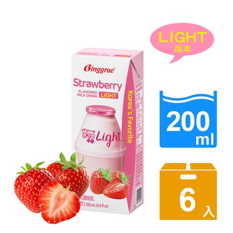 【韓味不二】Binggrae-light草莓風味牛奶(200ml*6入)