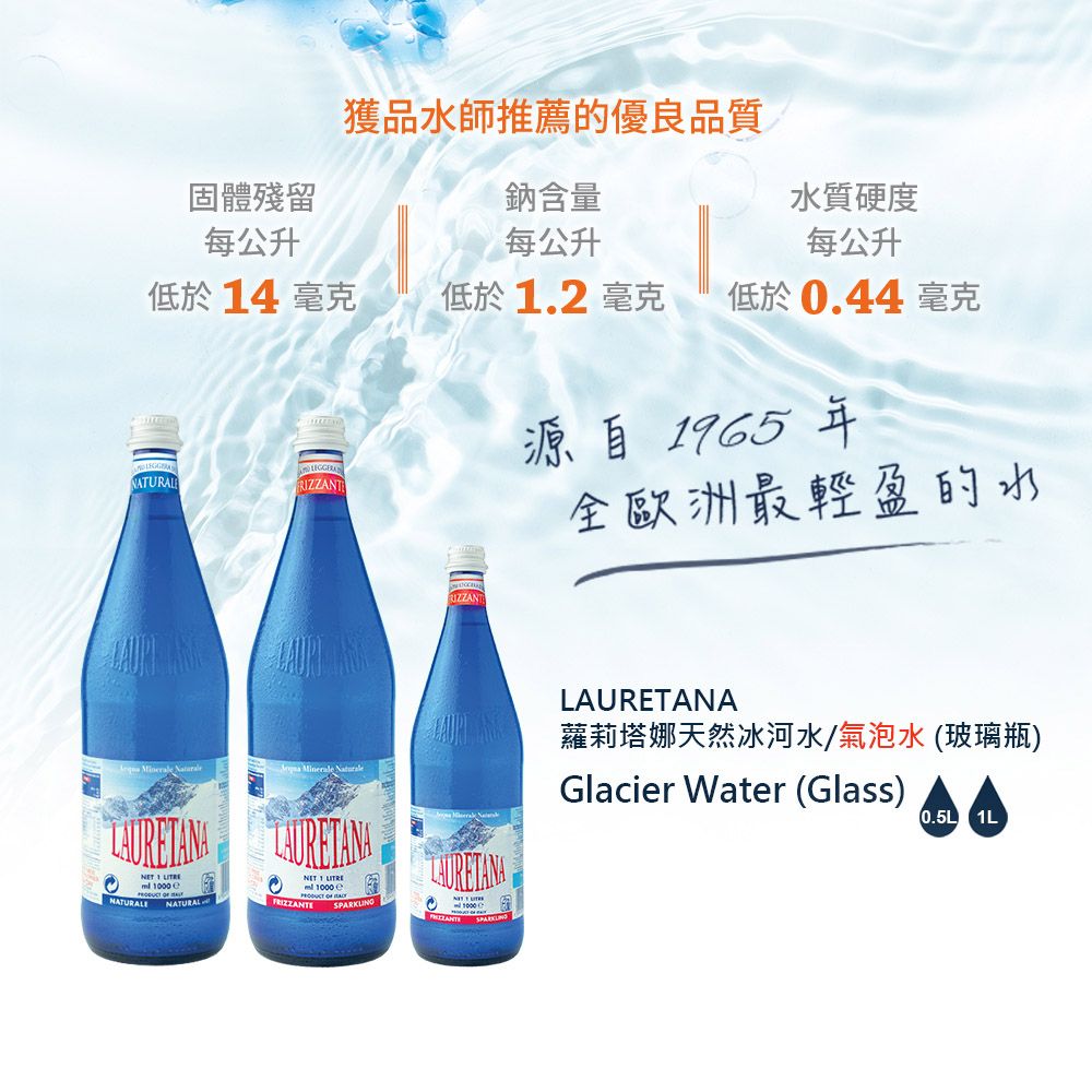  【LAURETANA蘿莉塔娜】義大利 天然冰河礦泉水-玻璃瓶 1000mlx6入/箱購 (進口水 義大利水 玻璃瓶裝水)