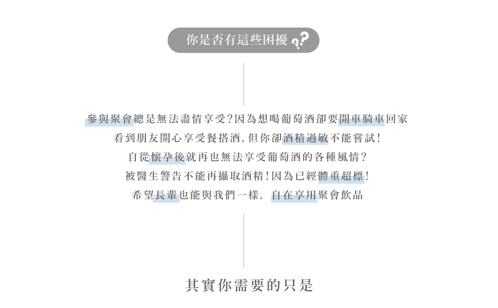 你是否有這些困擾?參與聚會總是無法盡情享受?因為想喝葡萄酒卻要開車騎車回家看到朋友開心享受餐搭酒, 但你卻酒精過敏不能嘗試!自從懷孕後就再也無法享受葡萄酒的各種風情?被醫生警告不能再攝取酒精!因為已經體重超標!希望長輩也能與我們一樣,自在享用聚會飲品其實你需要的只是