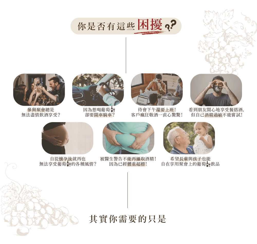 你是否有這些困擾?參與聚會總是因為想喝葡萄無法盡情飲酒享受?卻要開車騎車?待會下午還要上班!客戶瘋狂敬酒一直心驚驚!看到朋友開心地享受餐搭酒,但自己酒精過敏不能嘗試!自從懷孕後就再也無法享受葡萄的各種風情?被醫生警告不能再攝取酒精!因為已經體重超標!希望長輩與孩子也能自在享用聚會上的葡萄飲品其實你需要的只是