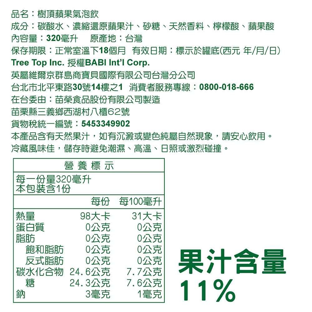 品名:樹頂蘋果氣泡飲成分:碳酸水、濃縮還原蘋果汁、砂糖、天然香料、檸檬酸、蘋果酸內容量:320毫升 原產地:台灣保存期限:正常室溫下18個月 有效日期:標示於罐底(西元年/月/日)Tree Top Inc.授權BABI Intl Corp.英屬維爾京群島商寶貝國際有限公司台灣分公司台北市北平東路30號14樓之1 消費者服務專線:0800-018-666在台委由:苗榮食品股份有限公司製造苗栗縣三義鄉西湖村八櫃62號貨物稅統一編號:5453349902本產品含有天然果汁,如有沉澱或變色純屬自然現象,請安心飲用。冷藏風味佳,儲存時避免潮濕、高溫、日照或激烈碰撞。營養標示每一份量320毫升本包裝含1份每份 每100毫升熱量98大卡31大卡蛋白質0公克0公克脂肪0公克0公克飽和脂肪0公克0公克反式脂肪0公克0公克|碳水化合物24.6公克7.7公克果汁含量糖24.3公克7.6公克鈉3毫克1毫克11%