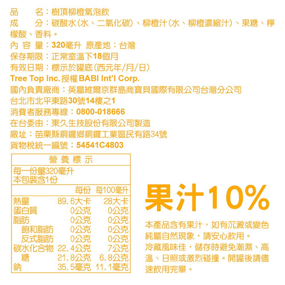 名:樹頂柳橙氣泡飲 分:碳酸水(水、二氧化碳)、柳橙汁(水、柳橙濃縮汁)、果糖、檸檬酸、香料。內容量:320毫升 原產地:台灣保存期限:正常室溫下18個月有效日期:標示於罐底(西元年/月/日)Tree Top Inc.授權 BABI  Corp.國內負責廠商:英屬維爾京群島商寶貝國際有限公司台灣分公司台北市北平東路30號14樓之1消費者服務專線:0800-018666在台委由:東久生技股份有限公司製造廠址:苗栗縣銅鑼鄉銅鑼工業區民有路34號貨物稅統一編號:54541C4803營養標示每一份量320毫升本包裝含1份每份 每100毫升熱量89.6大卡28大卡蛋白質0公克0公克果汁10%|脂肪0公克0公克飽和脂肪0公克0公克反式脂肪0公克0公克本產品含有果汁,如有沉澱或變色純屬自然現象,請安心飲用。| 碳水化合物 22.4公克糖7公克21.8公克 6.8公克35.5毫克 11.1毫克冷藏風味佳,儲存時避免潮濕、高溫、日照或激烈碰撞。開罐後請儘速飲用完畢。