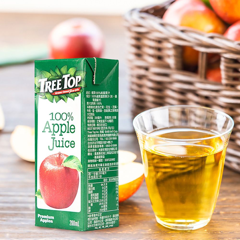 TREE TOP Owned AppleJuice品名00純蘋汁成分100%蘋果果汁(水果原汁有:100%含芒果花生芝麻、牛奶、蛋、堅果類、含物大豆製品內容量:0毫升 地:灣保存期:正常下12有效日期:標示於封口BEST (西元年/月/日)Tree Top  授權   英屬台灣分公司 TEL:23918666台北市北平東路號14 1消費者服務專線:0800-018666在台:泉廠址:民-製造貨物稅統一編號:87220902開瓶後需冷藏並請飲用完「每一量毫升每份 限營養標示本含1份94大卡55 20020%0反式脂肪0水公克 20.6公克14毫克208毫克8%15PremiumApplesmL每日參考值:2000大卡、蛋白公克、公克、飽和脂肪 公克、碳含30公克、200毫克  200