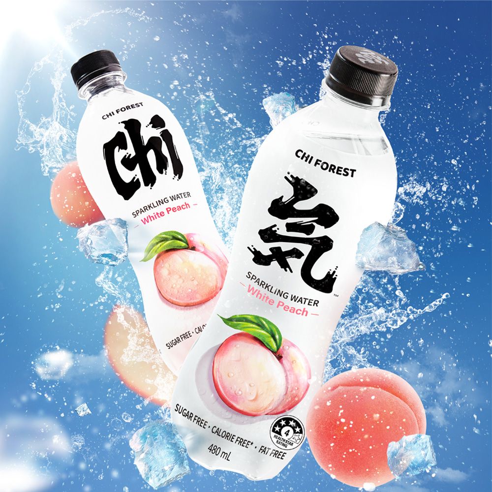 CHI FORESTSPARKLING WATERWhite PeachSUGAR FREE  CHI FORESTSPARKLING WATERWhite Peach SUGAR FREE  CALORIE FREE*  FAT FREE480 mL