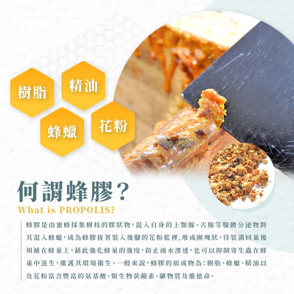 樹脂精油蜂蠟花粉何謂蜂膠?What is PROPOLIS?蜂膠是由蜜蜂採集樹枝的膠狀物,混入自身的上顎腺、舌腺等腺體分泌物將其混入蜂蠟,成為蜂膠接著裝入後腳的花粉籃裡,堆成團塊狀,待裝滿回巢後填補在蜂巢上,藉此強化蜂巢的強度,防止雨水滲透,也可以抑制寄生蟲在蜂巢中滋生,維護其環境衛生。一般來說,蜂膠的組成物為:樹脂、蜂蠟、精油以及花粉富含豐富的氨基酸、類生物黃鹼素、礦物質及維他命。